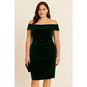 Vince Camuto Off-The-Shoulder Green Velvet Cocktail Dress Size 14 Elegant Evenin